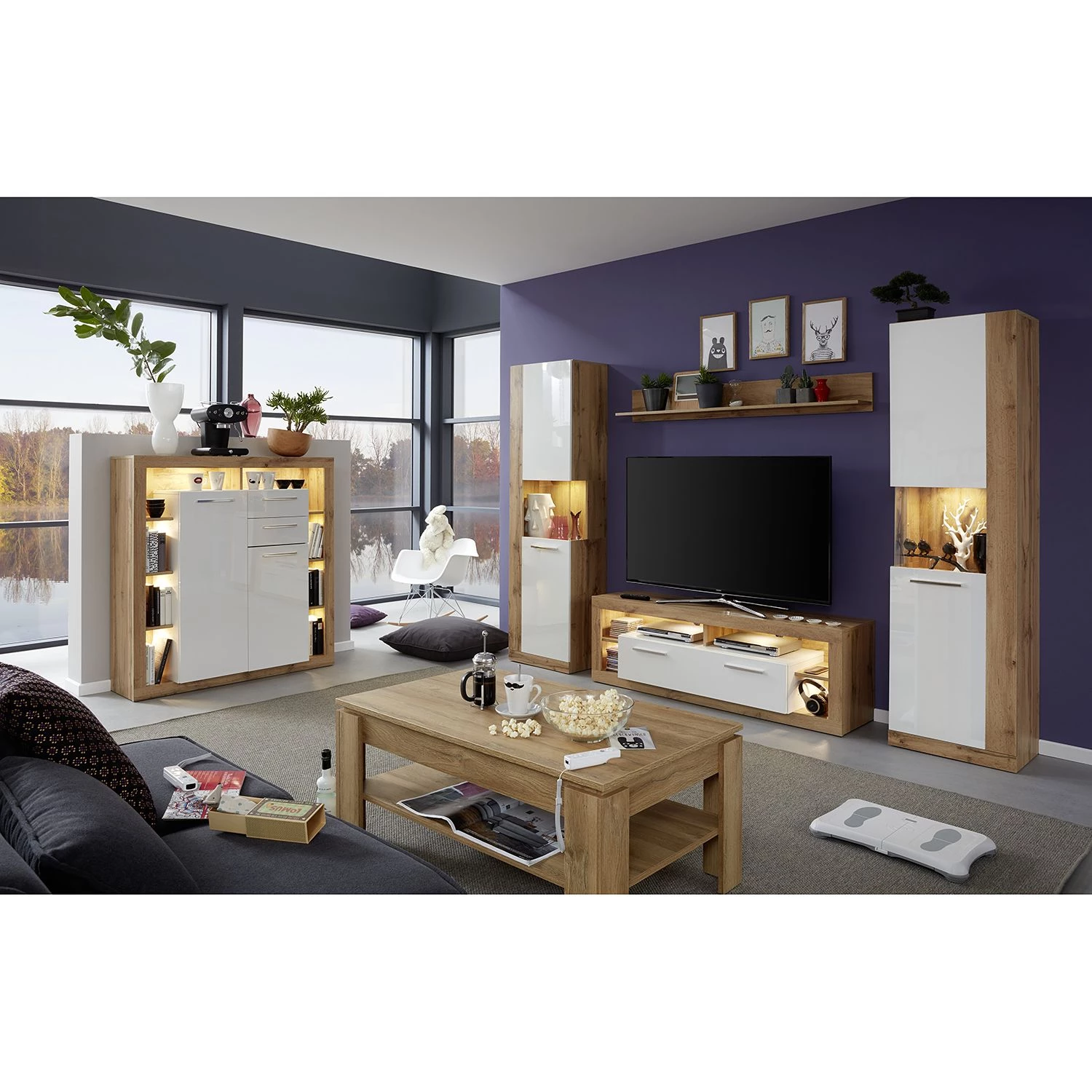 Trendteam Buffet haut Rock - Blanc brillant / Imitation chêne de Wotan 3 Trendteam Buffet haut Rock - Blanc brillant / Imitation chêne de Wotan – Image 3