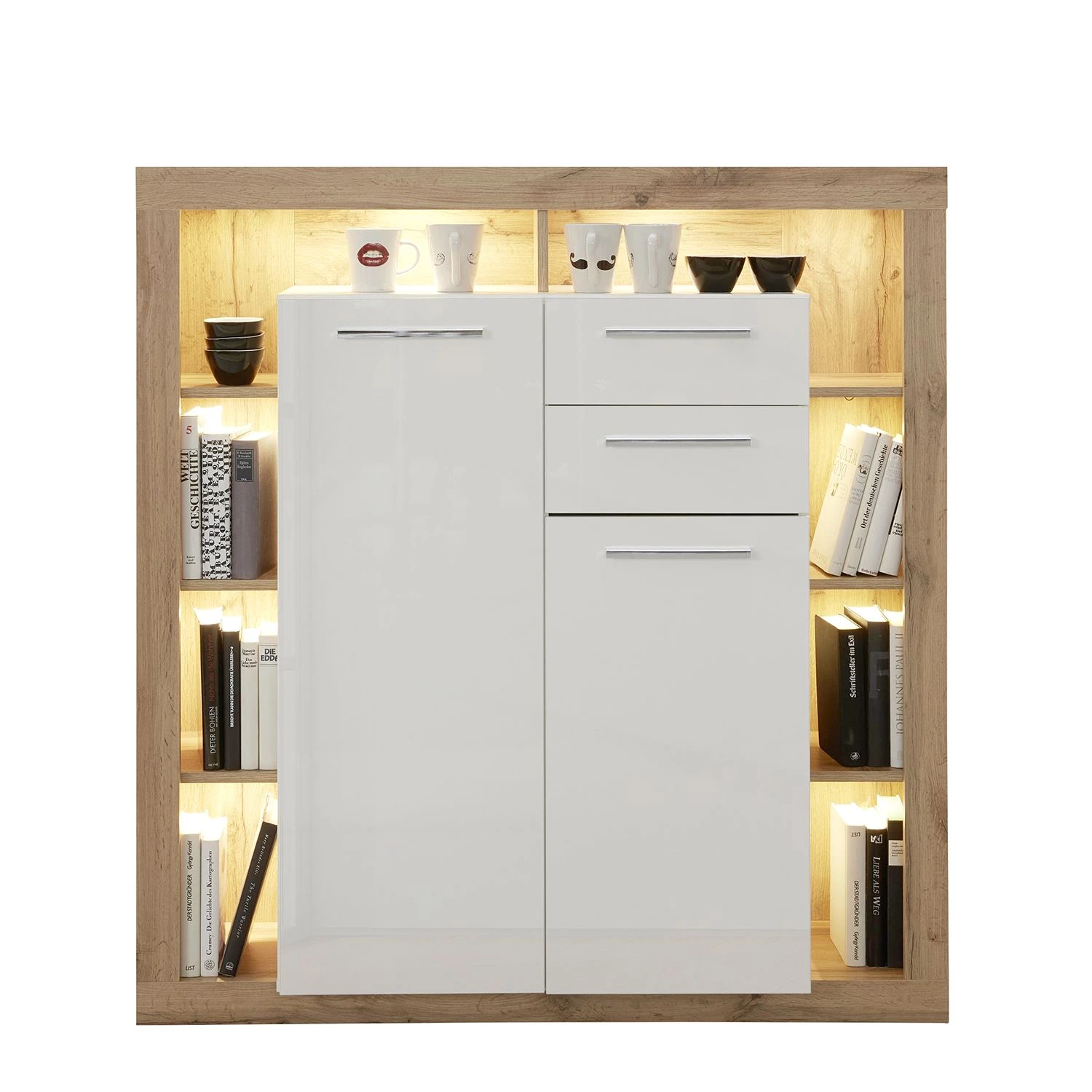 Trendteam Buffet haut Rock - Blanc brillant / Imitation chêne de Wotan 4 Trendteam Buffet haut Rock - Blanc brillant / Imitation chêne de Wotan – Image 4