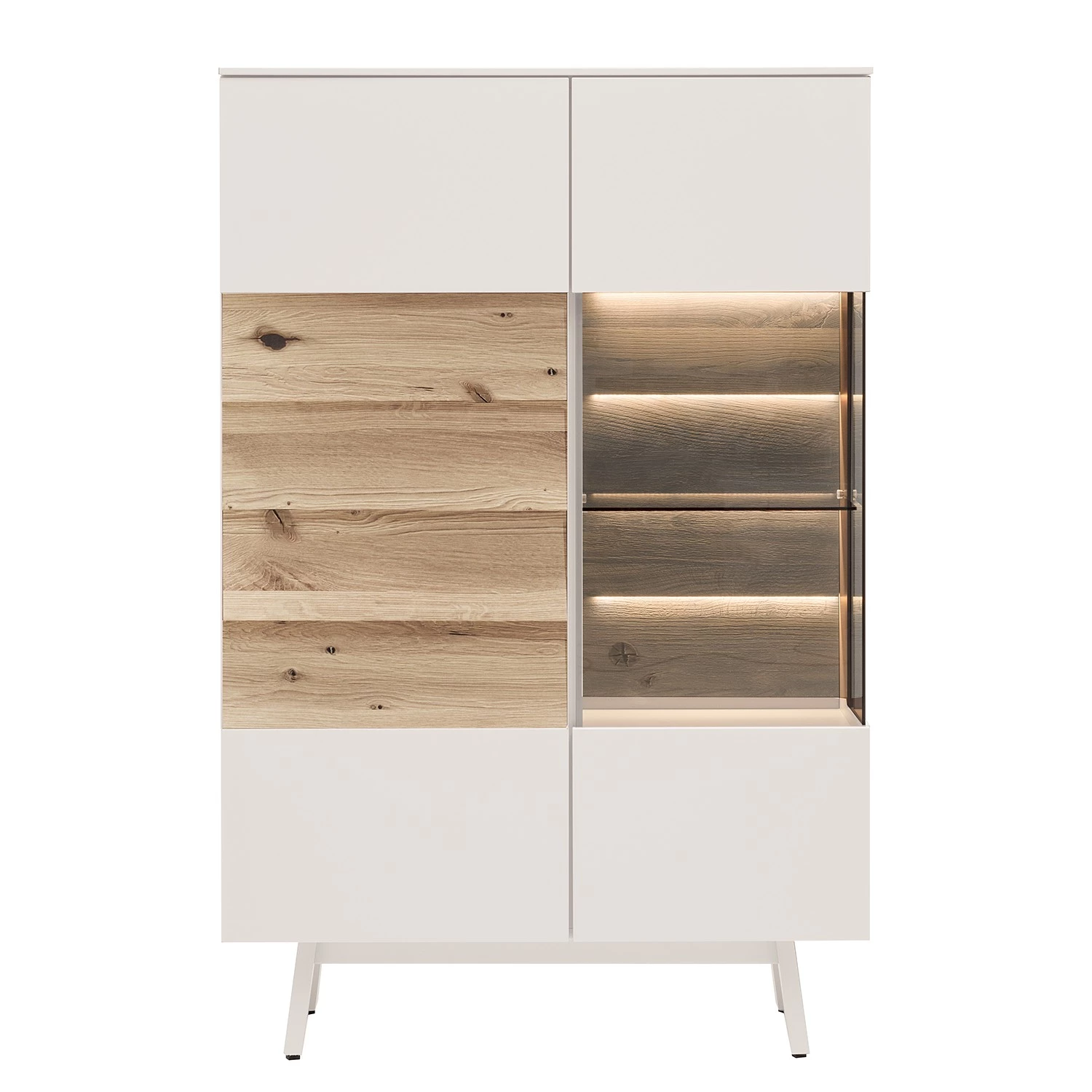 GWINNER Buffet haut Misano - Placage en bois véritable - Gris Sahara / Planches de chêne - Blanc / Chêne sauvage - Porte en verre à droite - Avec éclairage 1 GWINNER Buffet haut Misano - Placage en bois véritable - Gris Sahara / Planches de chêne - Blanc / Chêne sauvage - Porte en verre à droite - Avec éclairage
