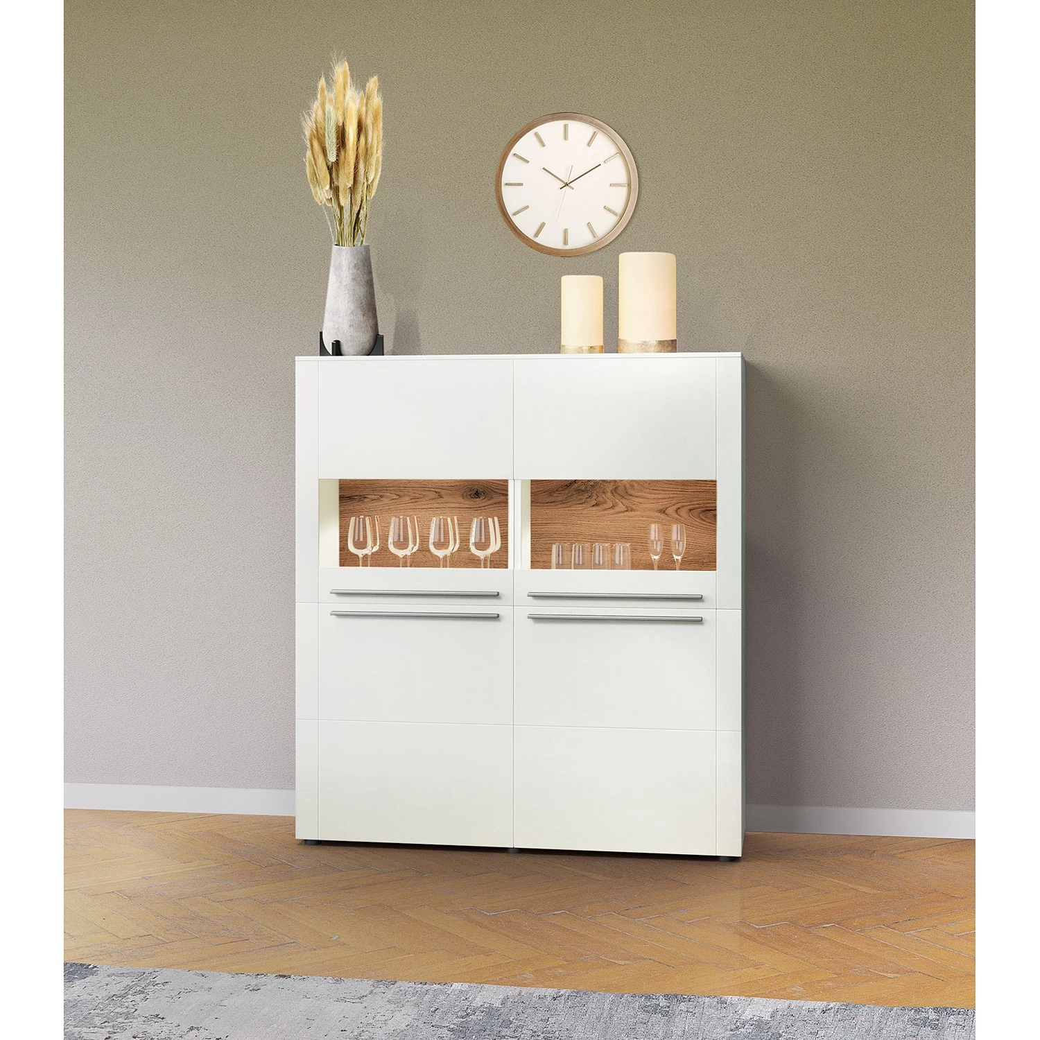 GWINNER Buffet haut Bellano - Placage en bois véritable - Mat blanc / Chêne de poutre - Sans éclairage 2 GWINNER Buffet haut Bellano - Placage en bois véritable - Mat blanc / Chêne de poutre - Sans éclairage – Image 2