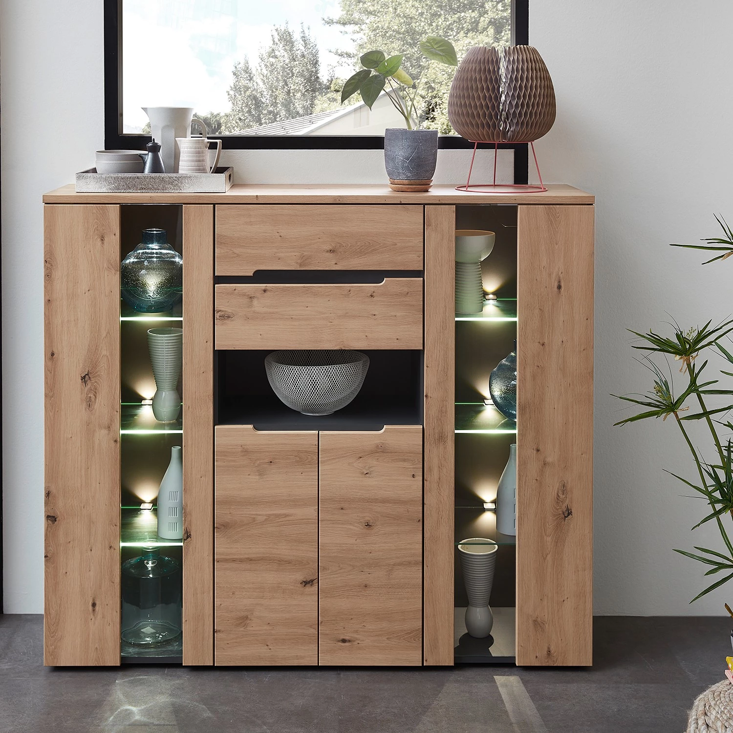 Loftscape Buffet haut Moosic - Avec éclairage - Imitation chêne artisan / Graphite 2 Loftscape Buffet haut Moosic - Avec éclairage - Imitation chêne artisan / Graphite – Image 2