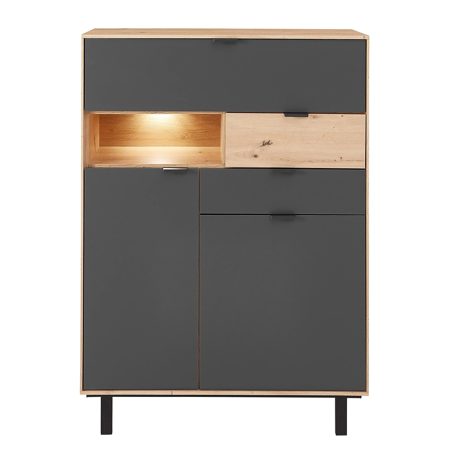 Fashion For Home Buffet haut Leox - Avec éclairage inclus - Graphite / Imitation chêne artisan 2 Fashion For Home Buffet haut Leox - Avec éclairage inclus - Graphite / Imitation chêne artisan – Image 2