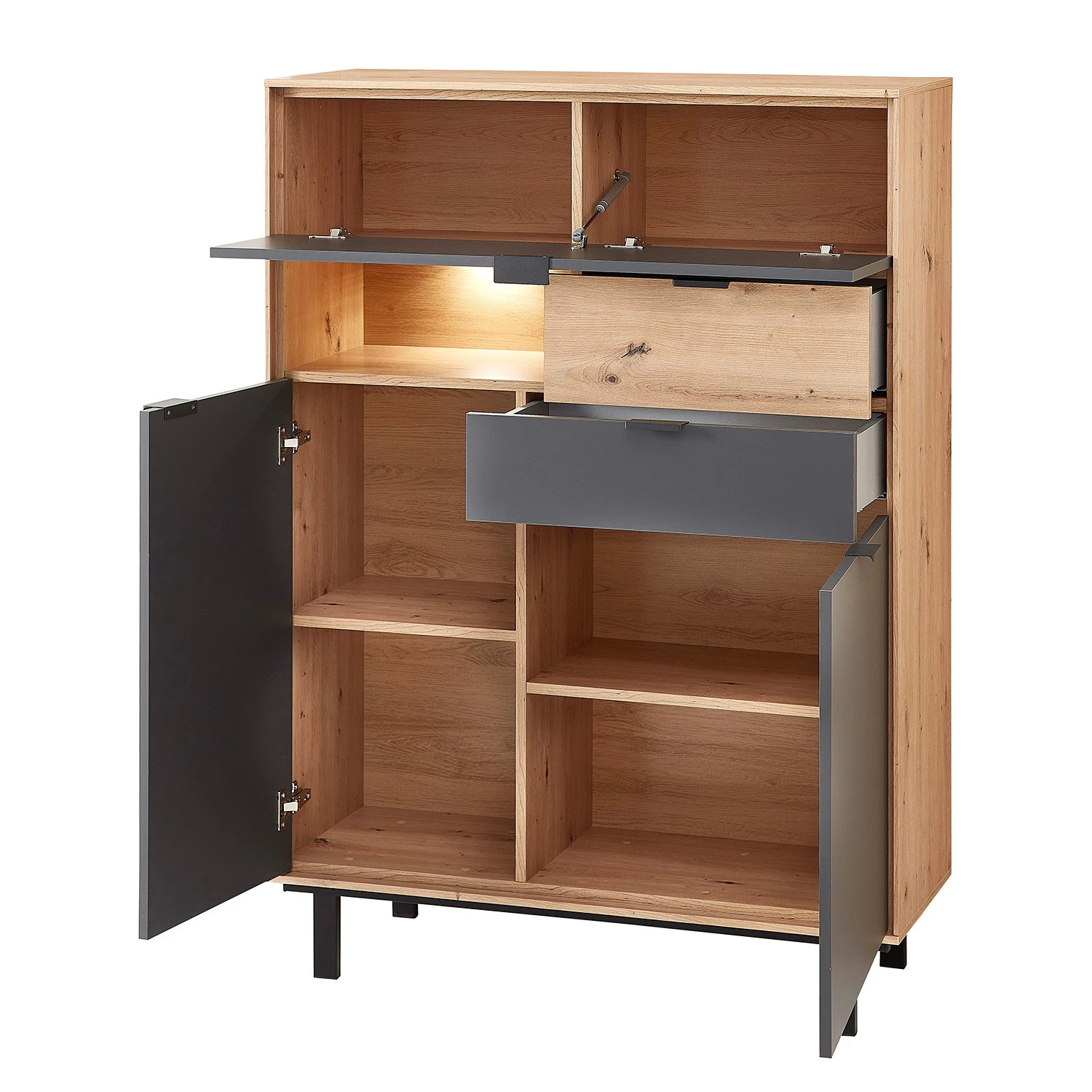 Fashion For Home Buffet haut Leox - Avec éclairage inclus - Graphite / Imitation chêne artisan 3 Fashion For Home Buffet haut Leox - Avec éclairage inclus - Graphite / Imitation chêne artisan – Image 3